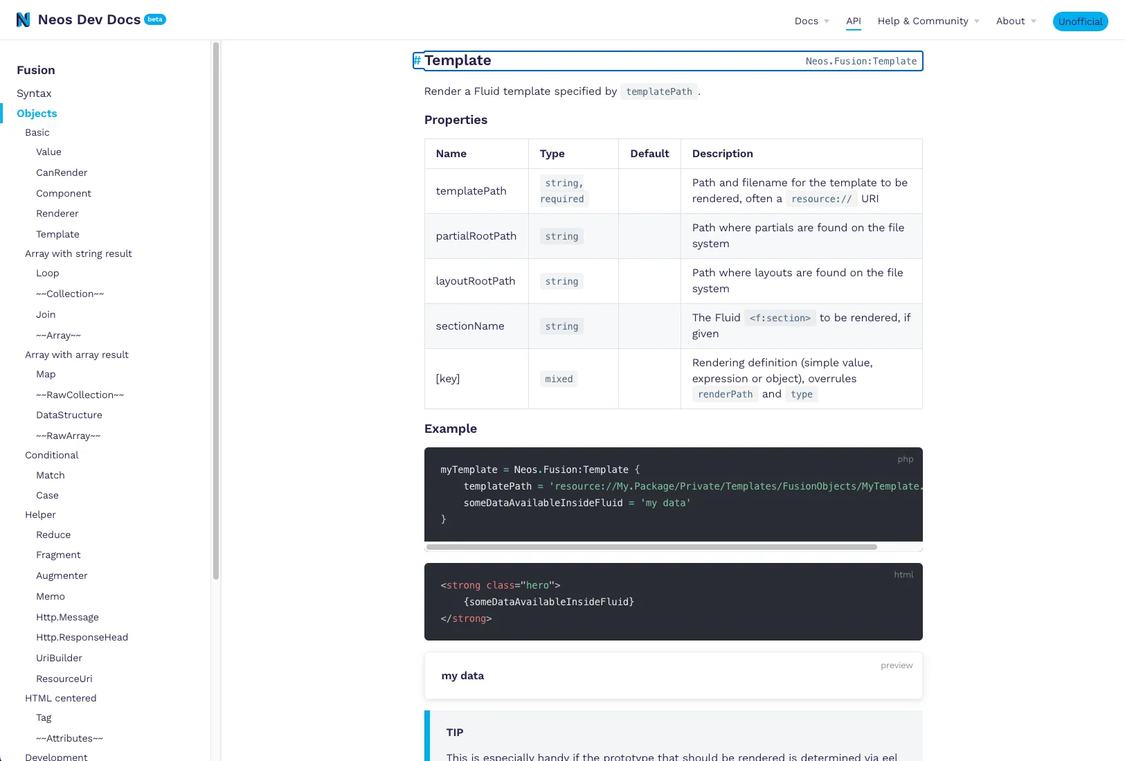 Api Abschnitt in den docs Entwurf mit Eigenschaftstabelle, Beispiel und einer Vorschau des gerenderten Outputs.
